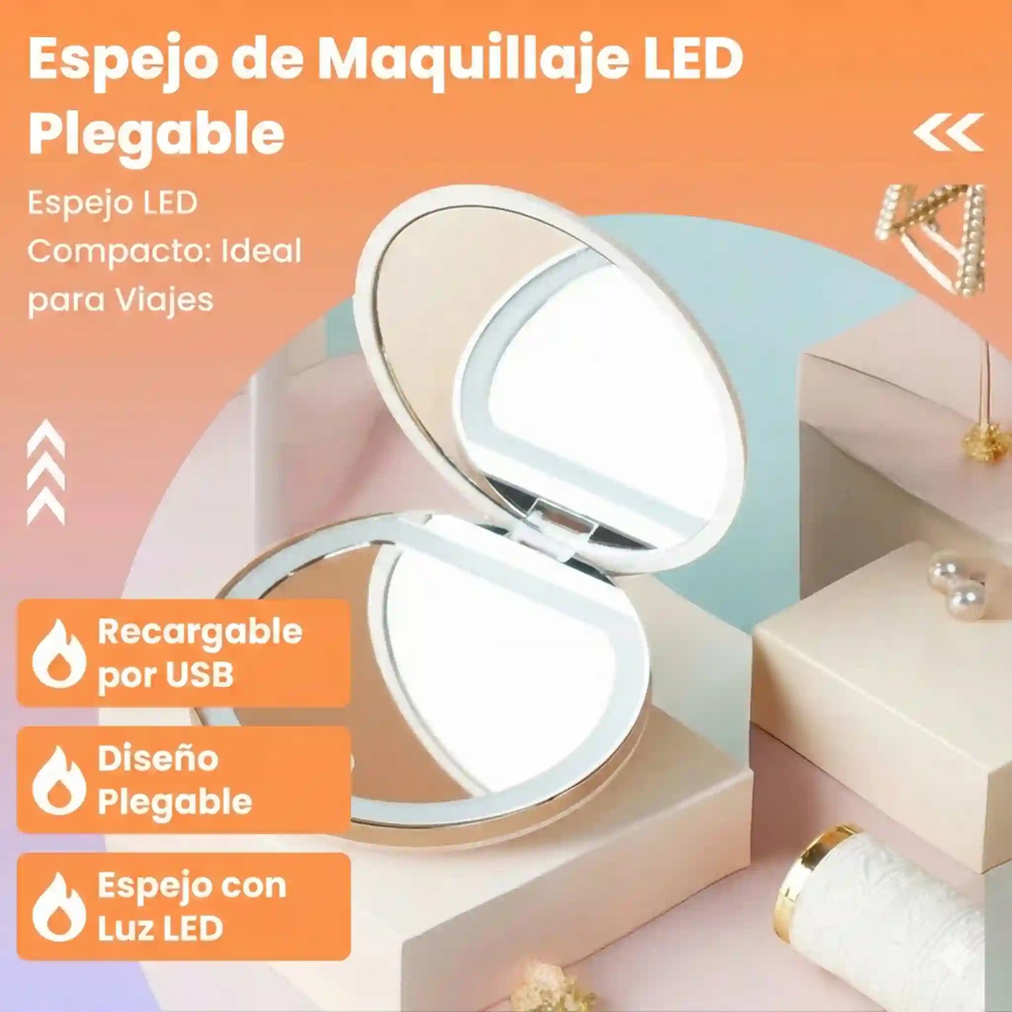 Espejo LED Compacto Recargable con Aumento 5X - Edición de Lujo